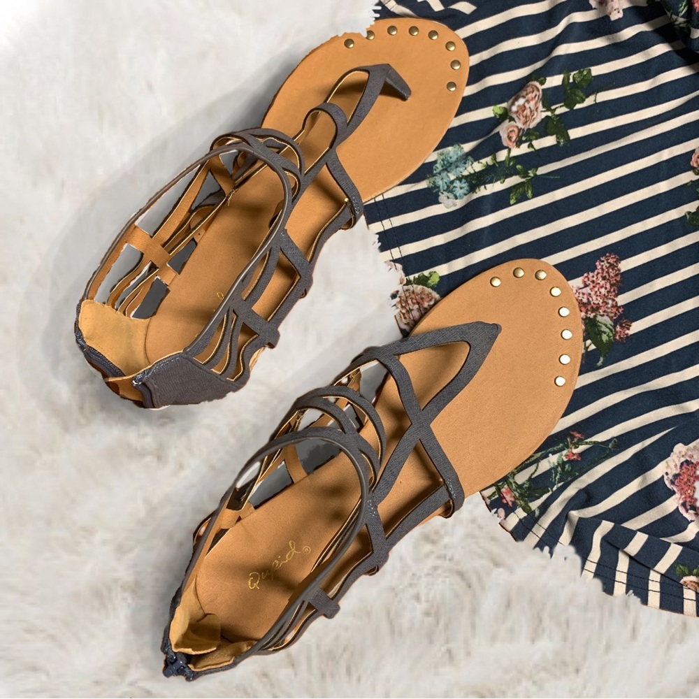 **Like NEW Qupid Jean Denim Lattice Strapped Short Gladiator Sandals**